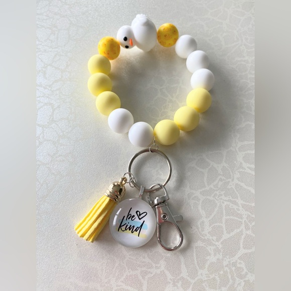 Yellow and White Beaded Keychain Wristlet Bracelet with cute duck - Picture 3 of 3